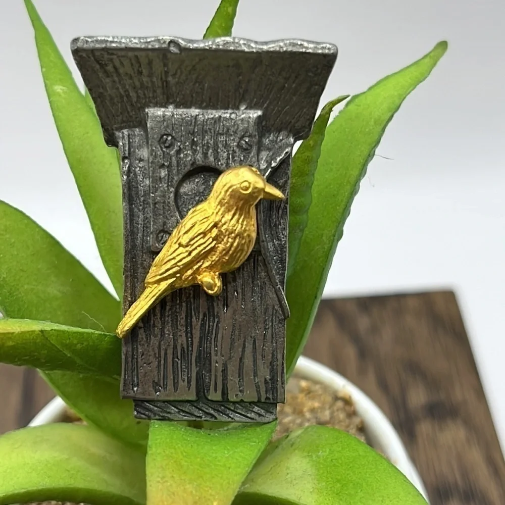 Pewter Birdhouse with Gold Bird  1999 Hallmark, M. Bastin  Bird Collectors Pin